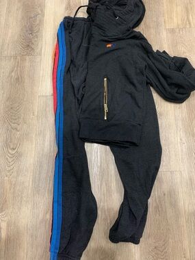 Aviator Nation Black Track Joggers with Blue and Red Side Stripes